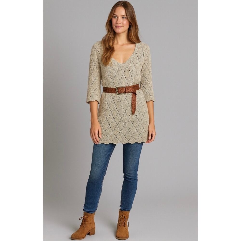 🧺 5 for $25 Sale Anthro Pins and Needles Crochet Tunic Sweater Large Cream Beige